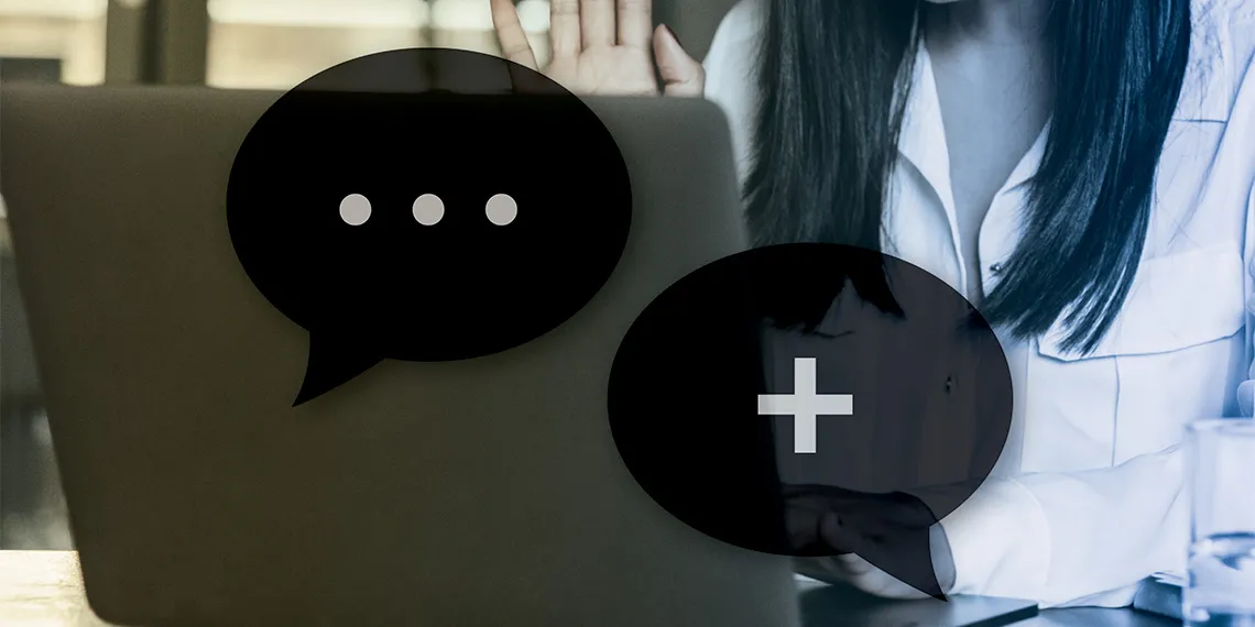 A female raising hands during a virtual meeting. In the foreground, there are bubble chat and plus sign icons.