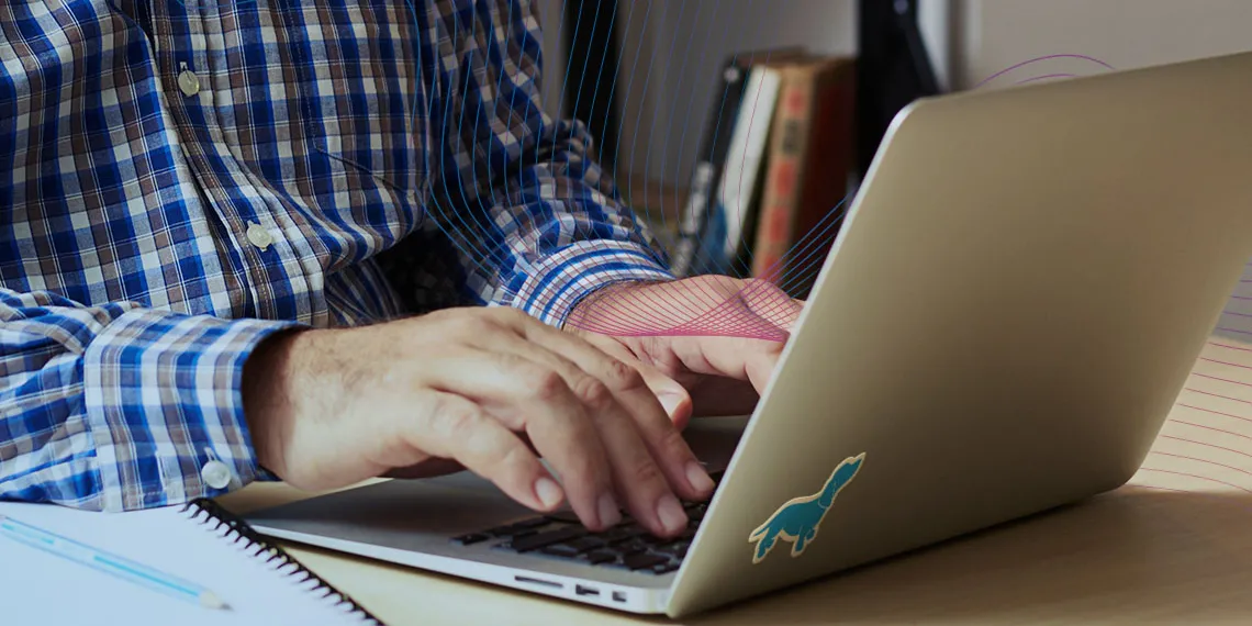 Close up of Instructor hands typing on laptop. Subtle wave lines illustration across photo.