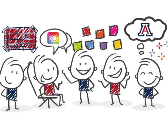 Line art illustration of stick figures that are thinking of Adobe Creative Cloud and the UArizona.