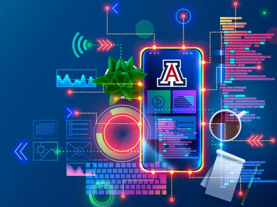 A vector illustration of a mobile device showing all the interactions that take place within in a very futuristic way.