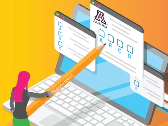 A vector illustration portrays a female with pink hair taking some surveys on different digital devices with an oversized pencil.