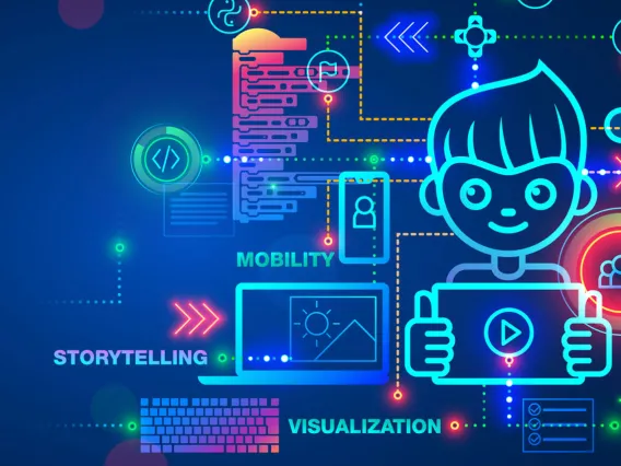 A vector illustration of multiple digital devices such a laptop, tablet, mobile phone among other interfaces interacting in a very futuristic way.