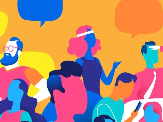 Abstract vector illustration of colorful characters interacting through digital devices.