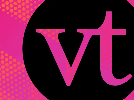 Black VoiceThread logo on a pink background with orange pattern dots.