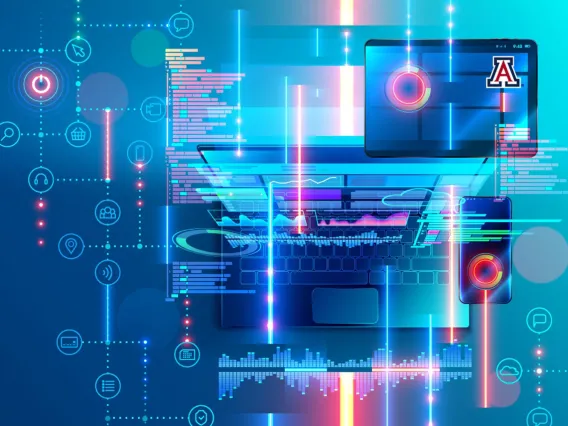 A vector illustration of multiple digital devices such a laptop, tablet, mobile phone among other interfaces interacting in a very futuristic way.