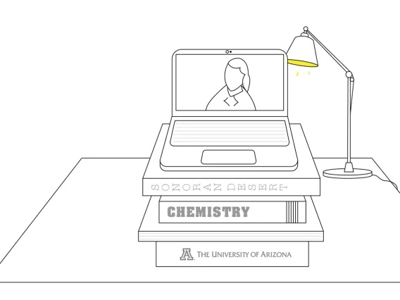 Black and white, line art illustration of a pile of books with a laptop on top of them. The laptop is broadcasting a Zoom call.