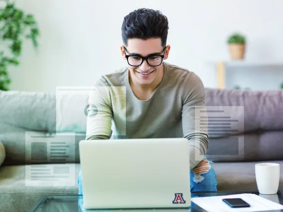 Student using laptop. Illustration of video player and information boxes around laptop.