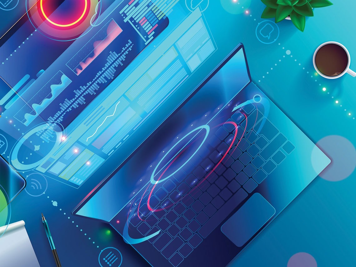 A vector illustration of a laptop and other interfaces interacting in a very futuristic way.