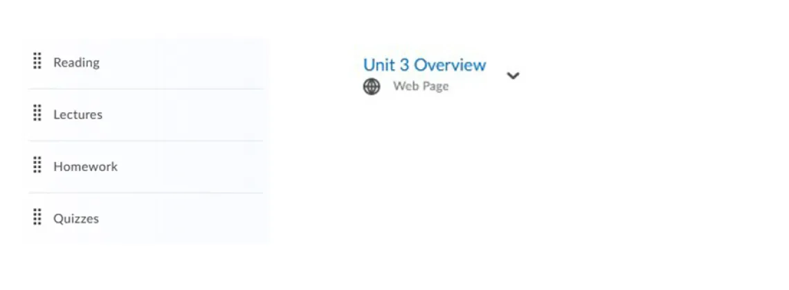 D2L site organized with reading, lectures, homework, and quizzes on the left, and a module overview on the right.