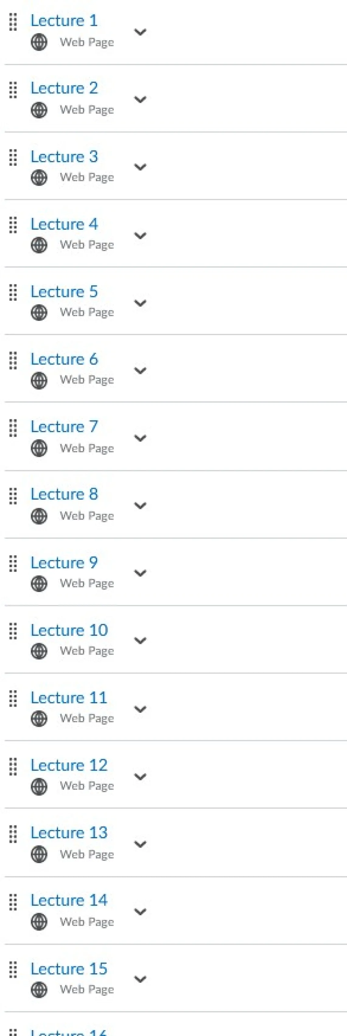 long list of lectures 1-15, more extending beyond frame