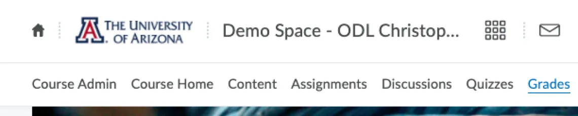 Screenshot of D2L Main Navigation bar showing the "Grades" Menu on the right side