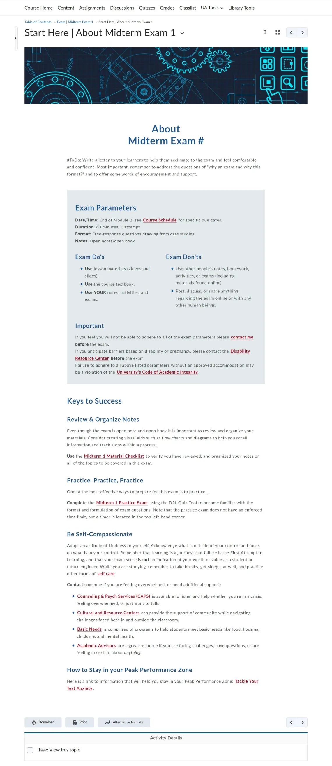 A screenshot showing the 'About the Midterm Page' and its three sections - (1) letter to the learner, (2) exam parameters, and (3) keys to success