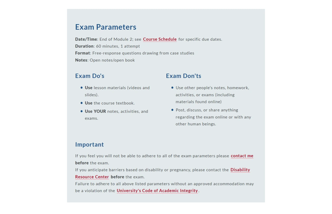 A screenshot showing Section 3: Keys to Success which includes content-related resources such as a study checklist and practice exam, as well as non-academic resources that can help support students’ basic and psychological needs.