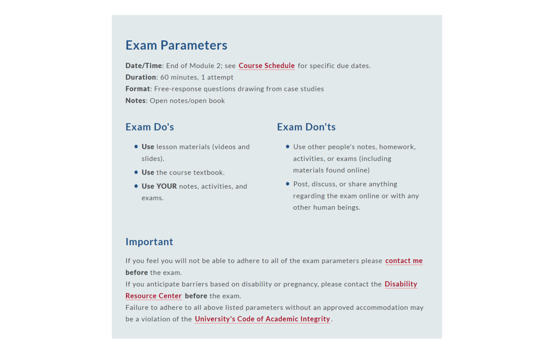 A screenshot showing Section 3: Keys to Success which includes  content-related resources such as a study checklist and practice exam, as well as non-academic resources that can help support students’ basic and psychological needs.