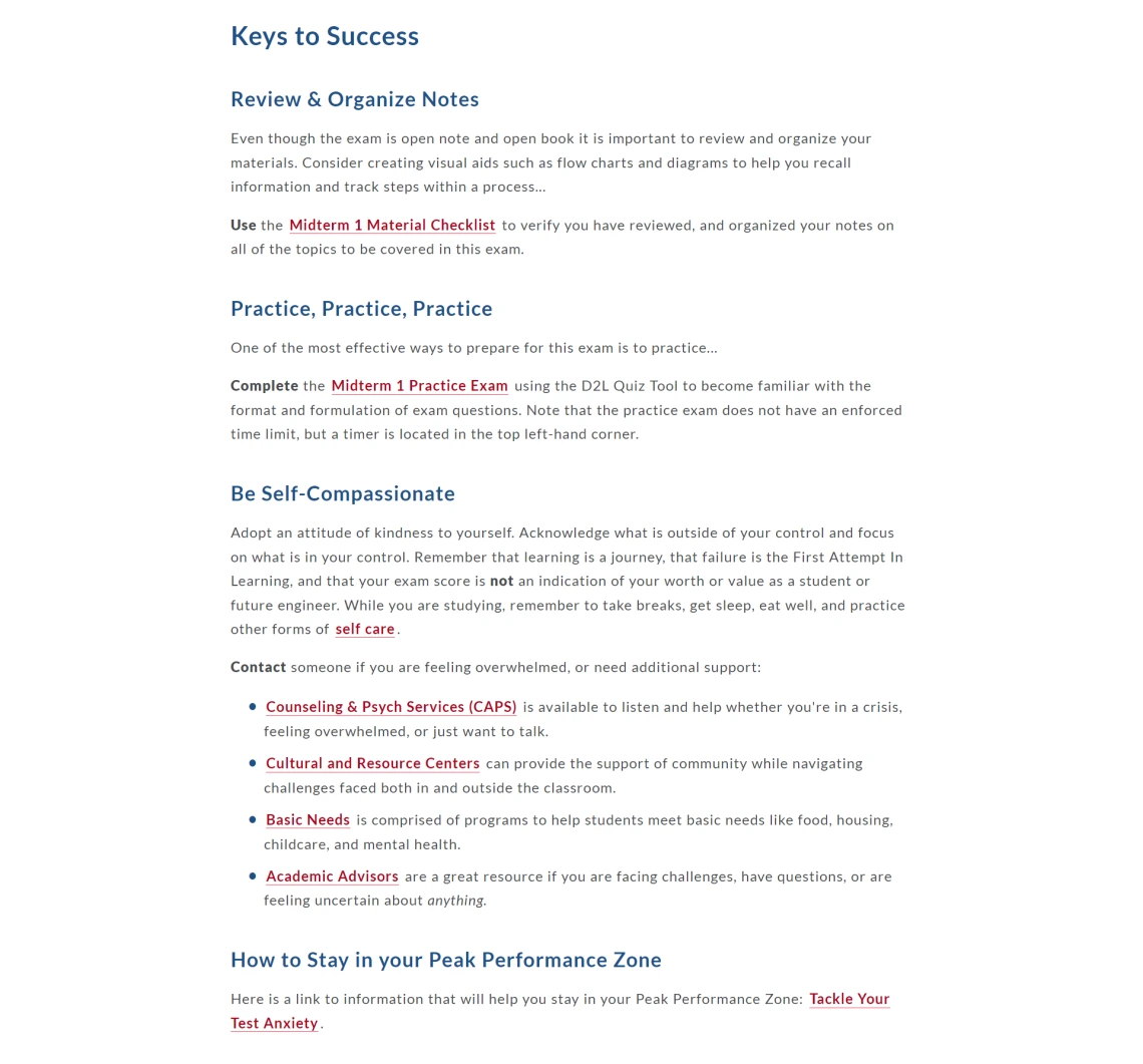 A screenshot showing Section 3: Keys to Success which includes  content-related resources such as a study checklist and practice exam, as well as non-academic resources that can help support students’ basic and psychological needs.