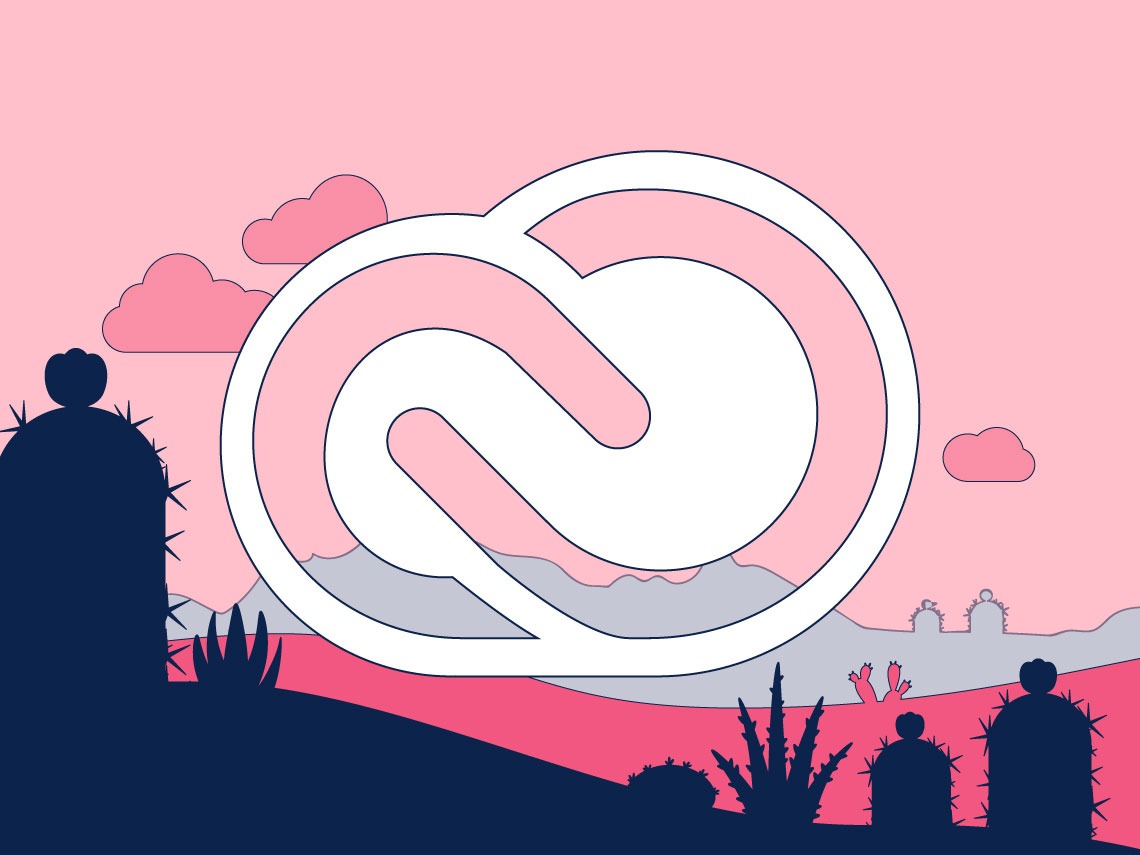 Abstract illustration of a Sonoran Desert summer landscape with the Adobe Creative Cloud logo in the center.