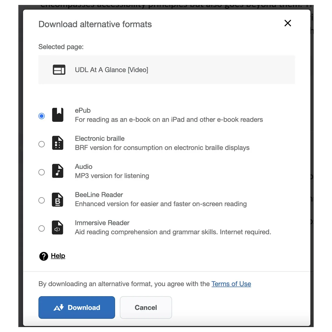 Learners can choose any of the following alternative formats to download the content on D2L: ePub, electronic braille, audio, BeeLine Reader, and Immersive Reader.