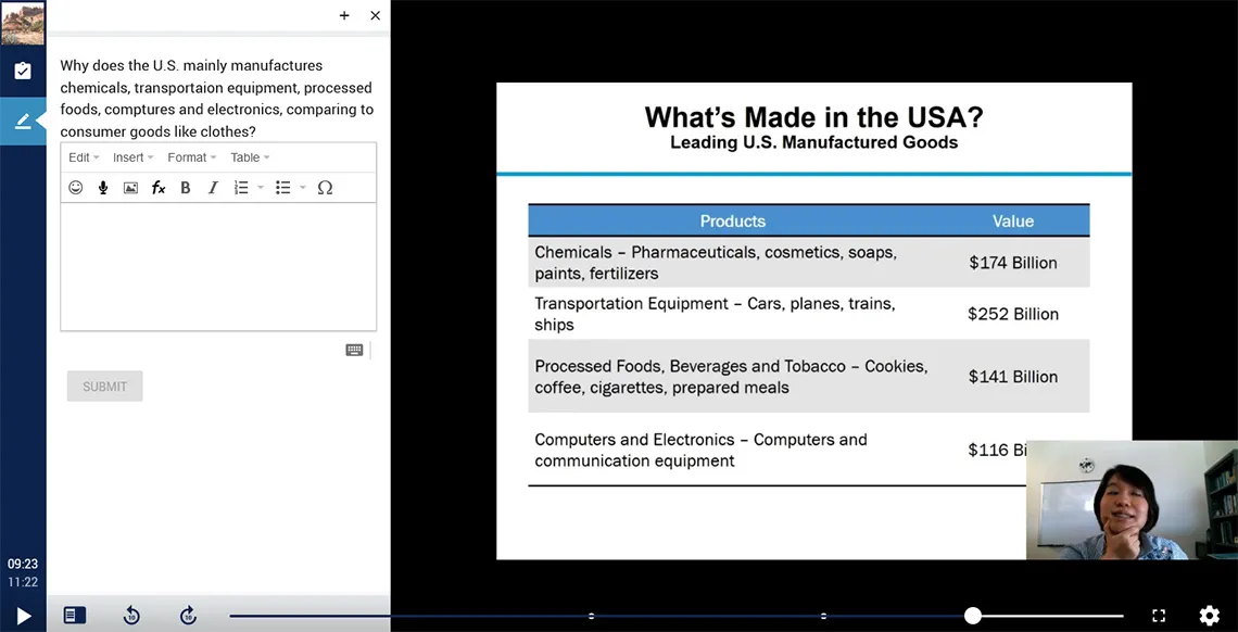 Playposit using a free response item to prompt students to answer a question about US manufacturing processes.