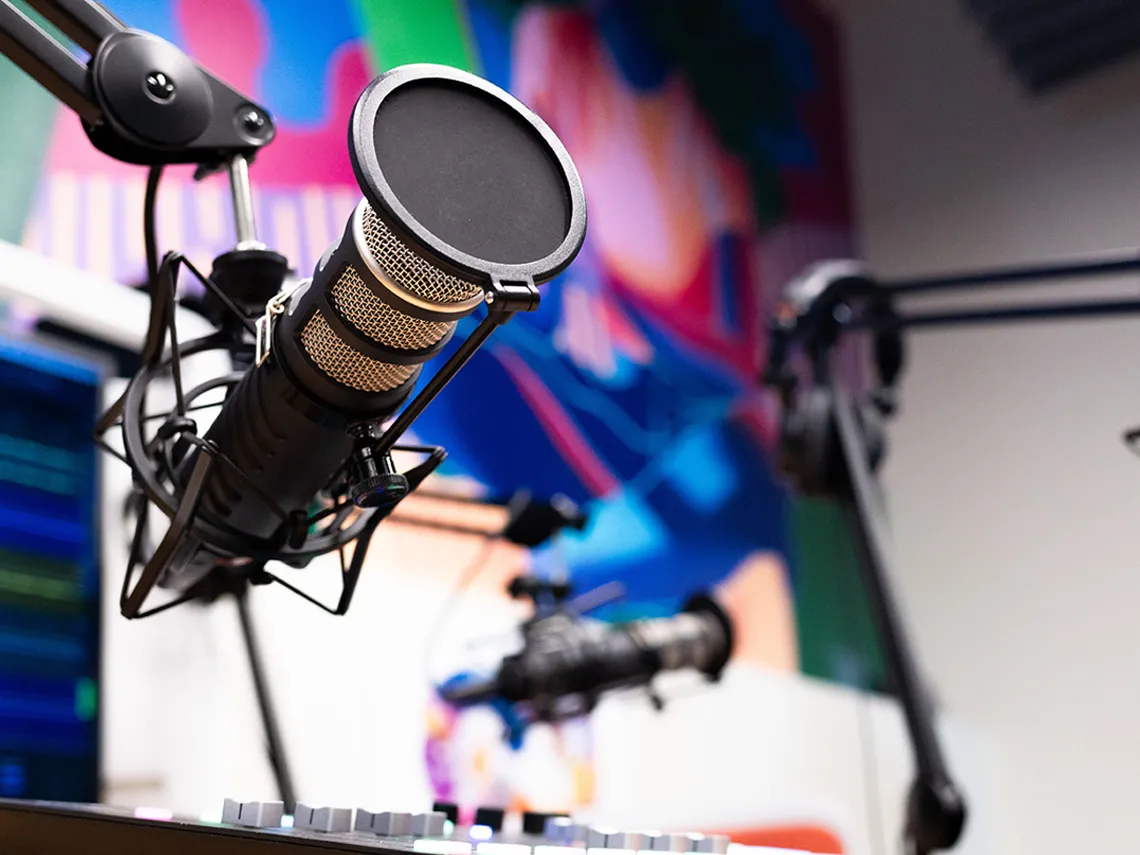 A close-up of a microphone in UCATT's DYI podcast studio.