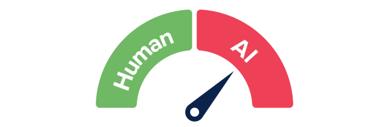 meter scale with indicator that oscillates between indicating Human or AI