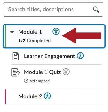 Table of Contents showing auto-completion tracking, with a module's progress marked as items are completed.