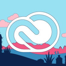 Illustration of a Sonoran Desert landscape in the spring with the Adobe Creative Cloud logo in the center.