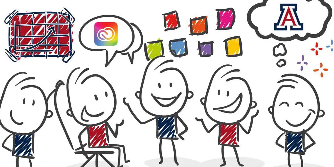 Line art illustration of stick figures that are thinking of Adobe Creative Cloud and the UArizona.