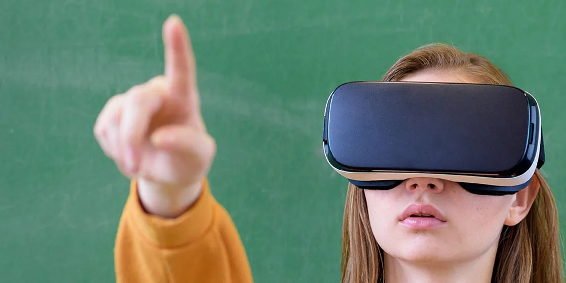 A female student interacts with a virtual headset.