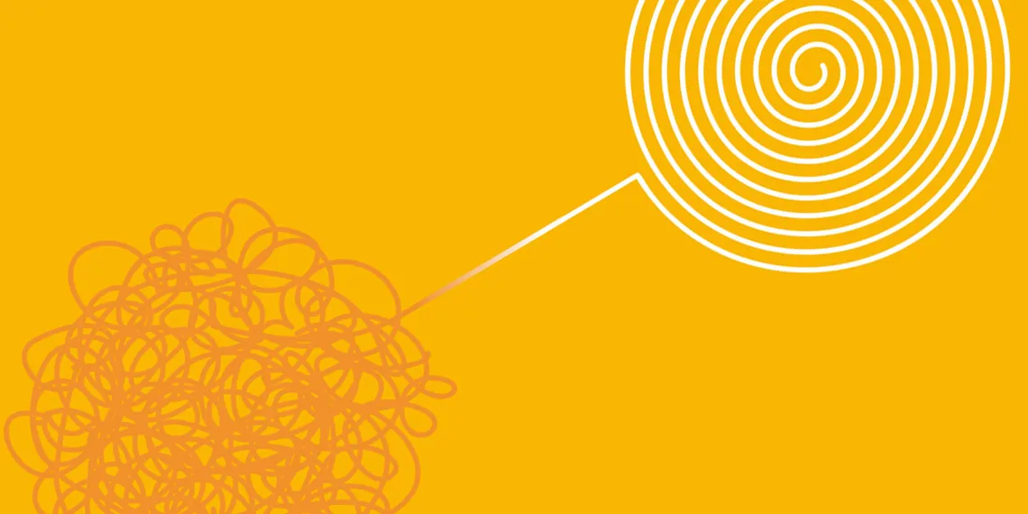 A vector illustration of an orange scribble that turns into a white smooth spiral.