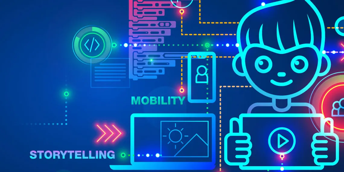 A vector illustration of multiple digital devices such a laptop, tablet, mobile phone among other interfaces interacting in a very futuristic way.