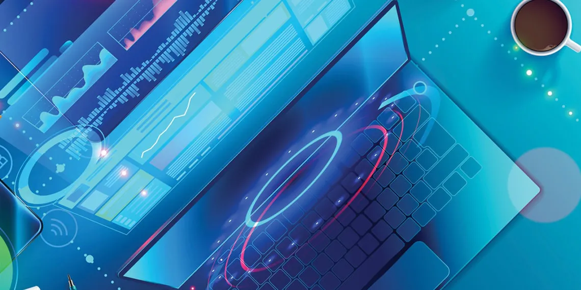 A vector illustration of a laptop and other interfaces interacting in a very futuristic way.