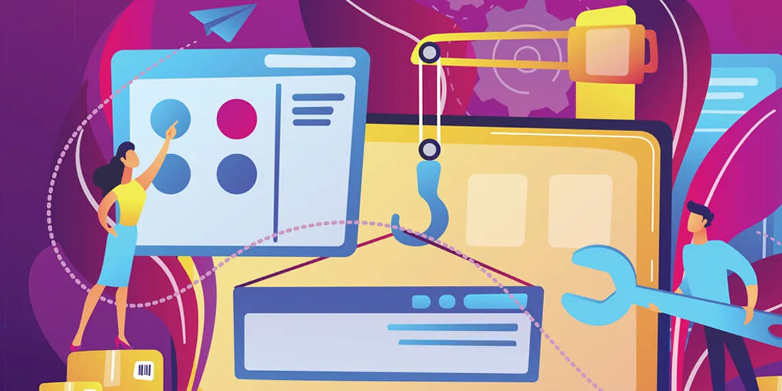 Colorful vector illustration of a female and a male characters interacting with the inner workings of digital devices.