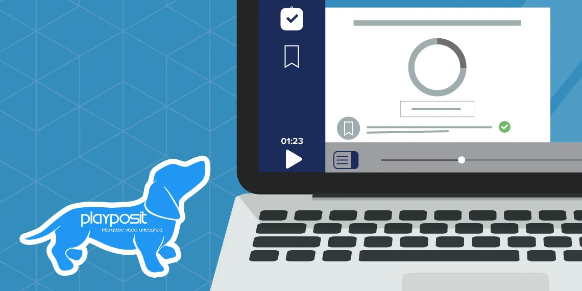 A vector illustration of a personal computer with PlayPosit’s interface on its screen. The PlayPosit blue dog logo is beside it.