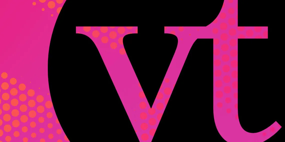 Black VoiceThread logo on a pink background with orange pattern dots.