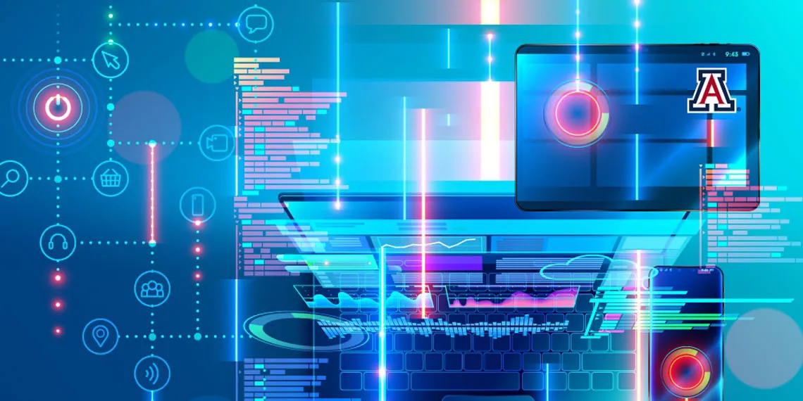 A vector illustration of multiple digital devices such a laptop, tablet, mobile phone among other interfaces interacting in a very futuristic way.