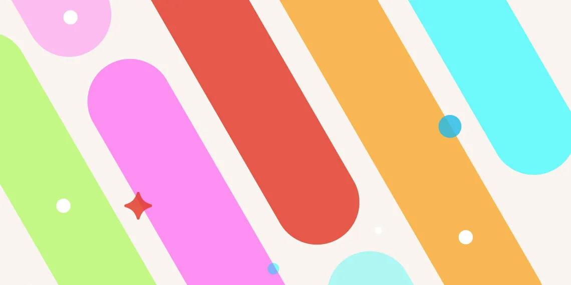 Illustrated slanted light green, pink, light blue, red, and orange lines with rounded edges. Small circles and diamond shapes scattered.