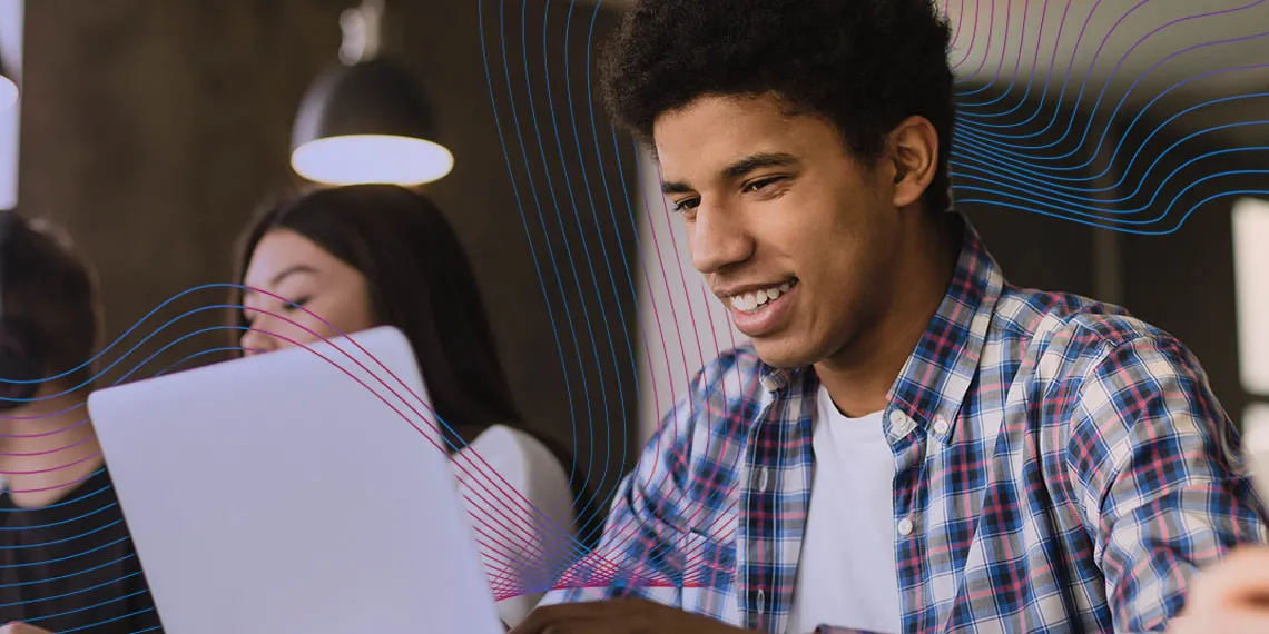 Student with laptop studying in library with subtle wave lines illustration across photo.