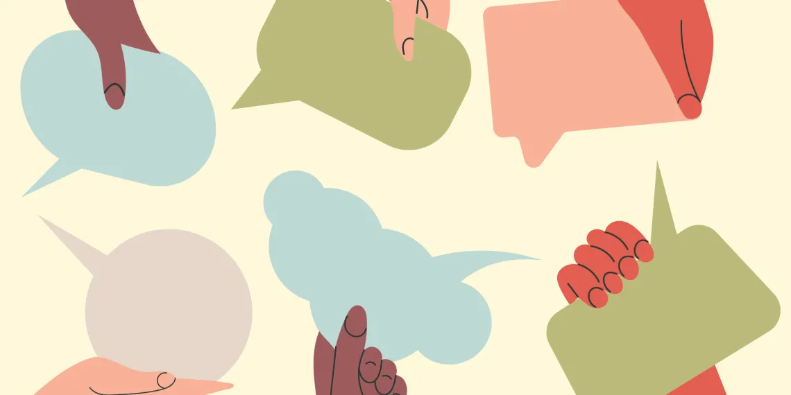Illustration of six hands holding text bubbles.