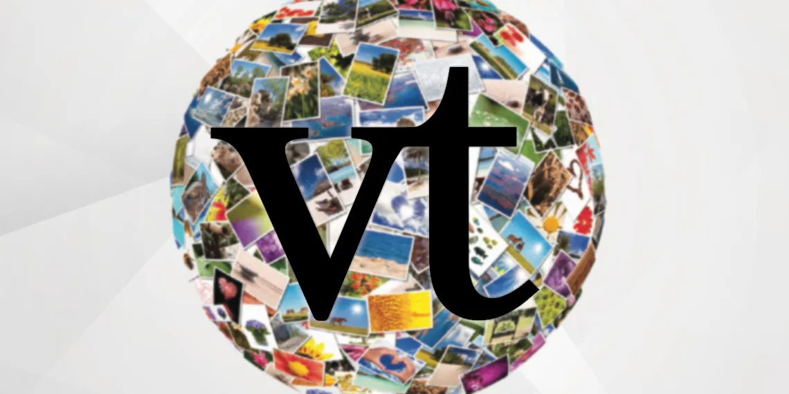 Voice Thread logo over globe-like graphic with random images on a white background.