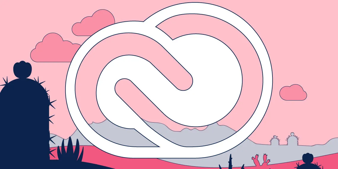 Abstract illustration of a Sonoran Desert summer landscape with the Adobe Creative Cloud logo in the center.