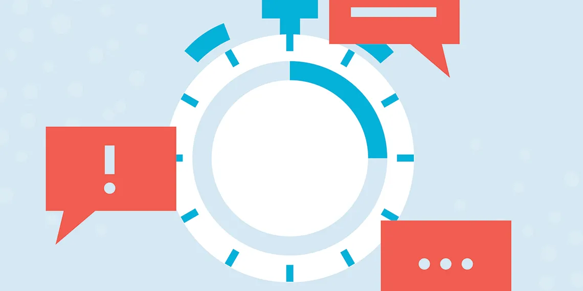 Illustration of a timer on the 15-minute mark and speech bubbles representing collaborative learning.