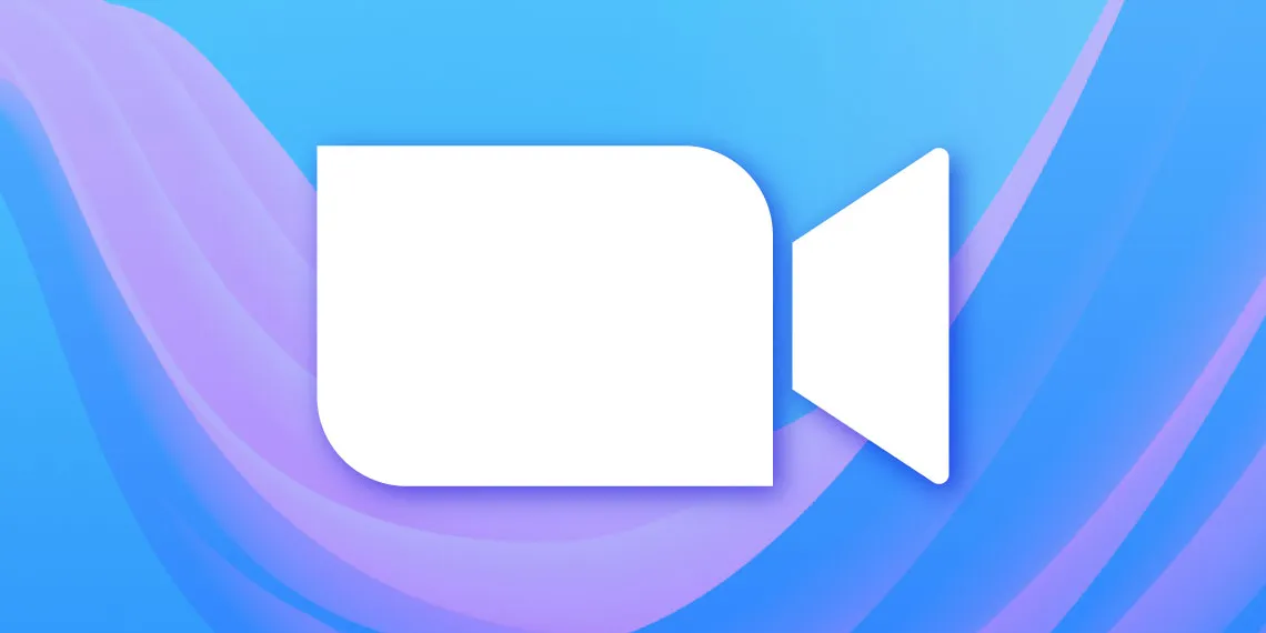 White Zoom logo in front of blue and purple swoosh graphic background